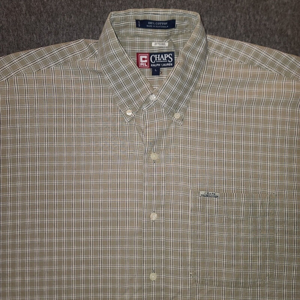Chaps Ralph Lauren Shirt Mens Large Green Plaid Short Sleeve Cotton Button Down